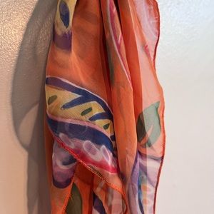 Orange, purple & green retro print scarf. 20” square. No tags. In GUC!